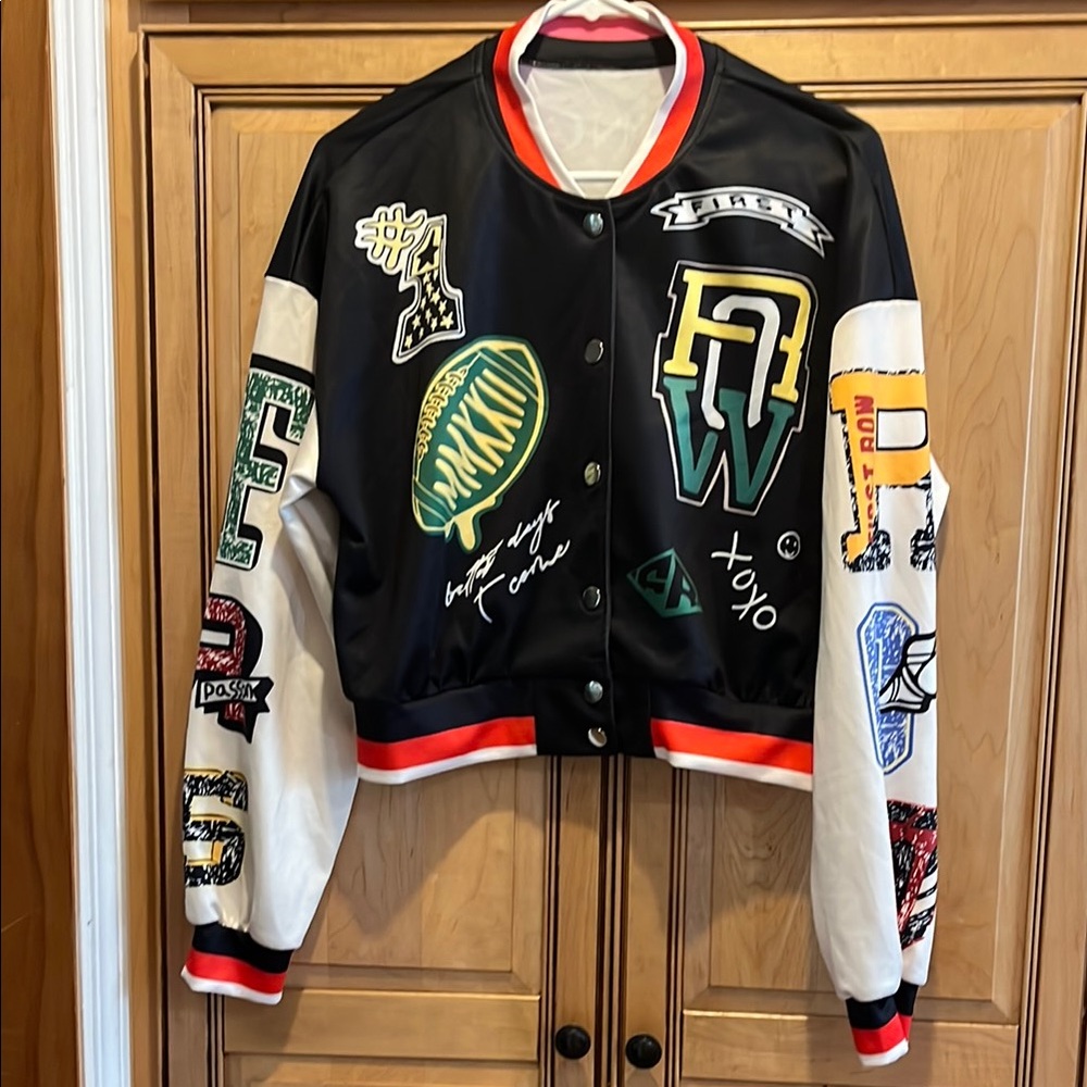 SHEIN Black and White Graphic Varsity Jacket, Large NWOT
